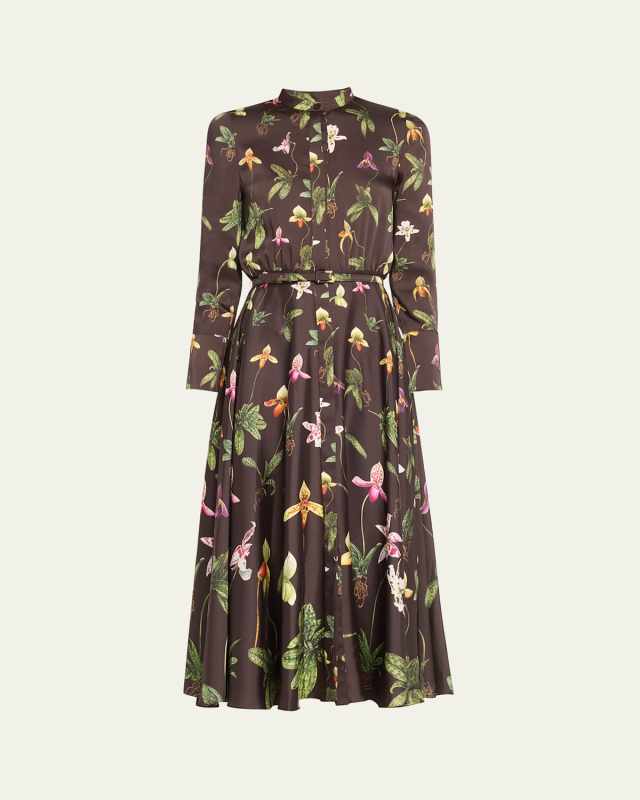 Orchids Silk Twill Belted Dress